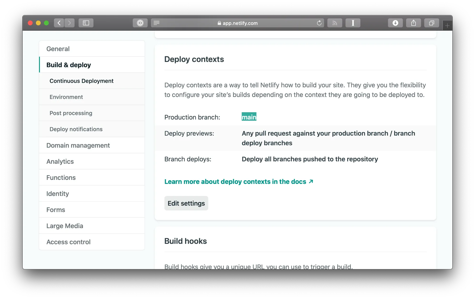 Netlify Build & Deploy settings page showing default production branch setting